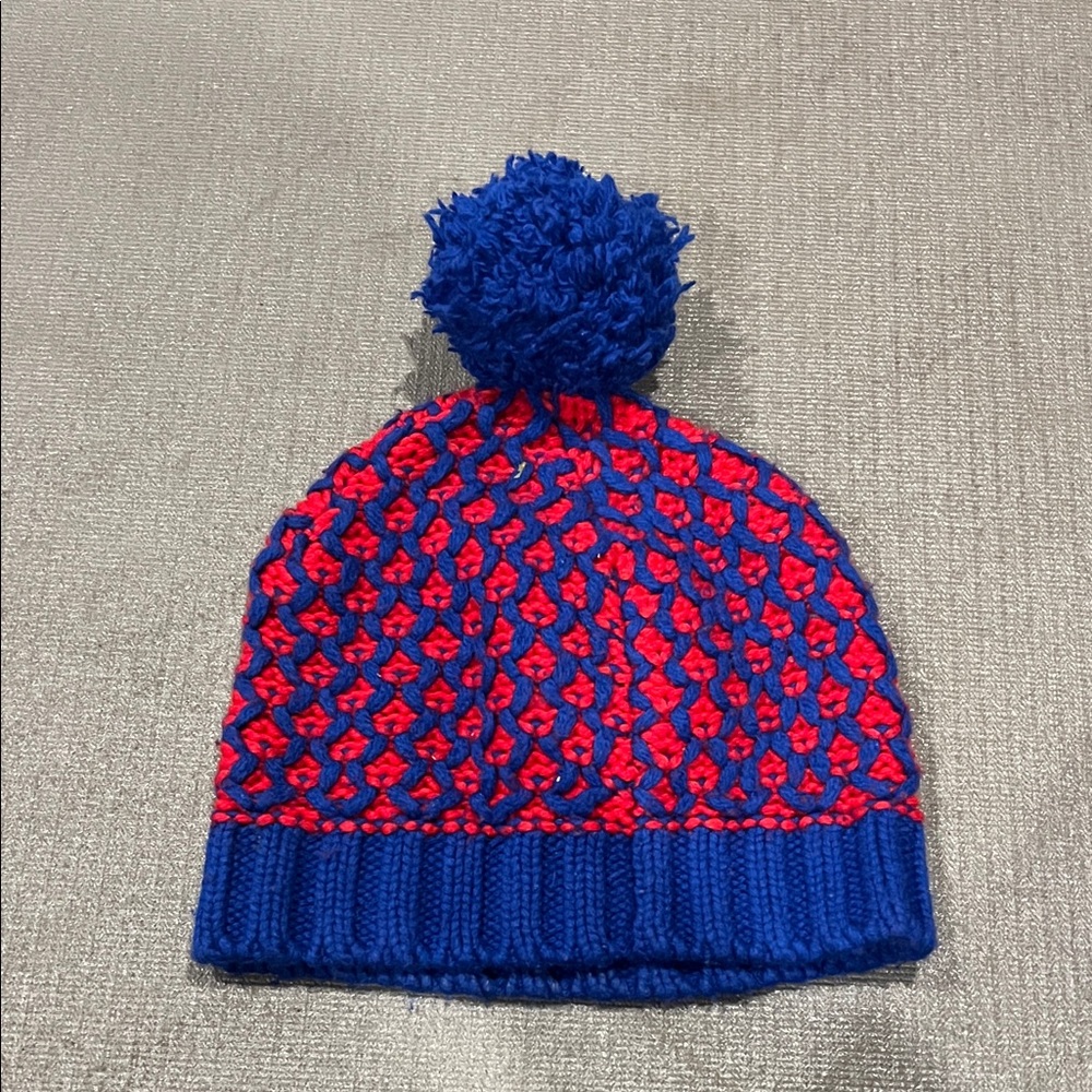 J. Crew Blue and Red Knit Pom-Pom Hat